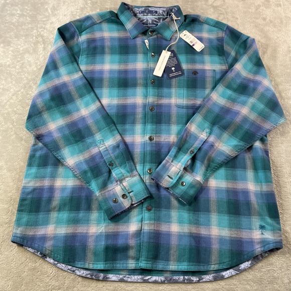 Tommy Bahama Canyon Beach Flannel Shirt XXL Blue Plaid Summer Resort Vacation